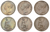 Victoria (1837-1901), Pennies (3), all 1858, plain truncation, ornate trident, far colon (BMC 1518; S 3948) [3]....