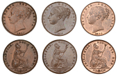 Victoria (1837-1901), Farthings (3), 1840, 1845, 1853 ww incuse (BMC 1559, 1566, 1578; S 3950) [3]. Extremely fine...