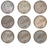 Victoria (1837-1901), Farthings (9), 1847, 1850, 1851, 1853 obv. 2, 1854, 1856 (2), 1858, 1859 (BMC 1568, 1571-2,...