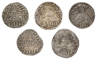 John (as King, 1199-1216), Third coinage, Pennies (5), all Dublin, Roberd (3), roberd on dive, 1.22g/6h, 1.32g/8h,...