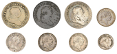 George III (1760-1820), Bank of Ireland coinage, Thirty Pence, 1808, top of harp to o in token; Ten Pence (4), 1805,...