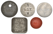 Miscellaneous Tokens and Checks, Co ANTRIM, Belfast, B[elfast] C[orporation] T[ransport], Harland & Wolff, aluminium...