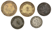 Miscellaneous Tokens and Checks, Co DOWN, Castlewellan, Annsborough Stores, brass 6 [Pence] and 2 [Pence], 25 and...