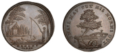 18th Century Tokens, WORCESTERSHIRE, Hagley, Spence’s Halfpenny, man angling on river-bank, fishing-box under...