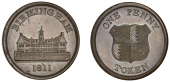 19th Century Tokens, WARWICKSHIRE, Birmingham, Workhouse, Pattern Penny, 1811, by P. Wyon, in copper, elevation of...