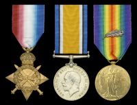 The 1914-15 Star trio awarded to Private N. W. Player, 1/4th Battalion, Hampshire Regiment, who won the D.C.M. for...