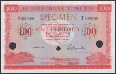 Ulster Bank Limited, specimen £100, 1 March 1973, serial number F000000, Hamilton signature, red SPECIMEN...