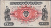 Bank of Ireland, £5, 15 March 1922, serial number 14R 028989, Hinton signature, abbreviated date, a few pinholes...