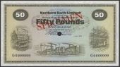 Northern Bank Limited, colour trial £50, 1 July 1970, serial number G0000000, Wilson signature, red SPECIMEN...