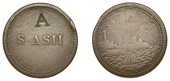 Isle of Man, Douglas (?), S. Ash, a copper ticket (perhaps for a Farthing),  s · ash, rev. Peel Castle, thick...