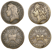 James II (1685-1691), Gunmoney coinage, Shillings (2), both 1689 July., 6.27g/1h (Withers 16/11; S 6581A), no stop...