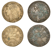 James II (1685-1691), Gunmoney coinage, Shillings (2), 1689 Augt., thin sceptre shafts, second a in gratia...