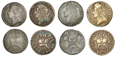 James II (1685-1691), Gunmoney coinage, Shillings (4), all 1689 Oct:, 5.67g/12h (Withers 4/3), 6.65g/12h (Withers...