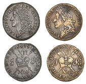 James II (1685-1691), Gunmoney coinage, Shillings (2), 1689 Nov., 6.16g/12h (Withers 7/7), Nov:, 6.61g/12h (Withers...