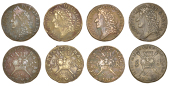 James II (1685-1691), Gunmoney coinage, Shillings (4), all 1689 Nov:, plain R (3), 6.29g/12h (Withers 9/9, this coin...