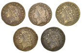 James II (1685-1691), Gunmoney coinage, Shillings (5), all 1689 Dec:, plain R, 6.78g/12h, 6.30g/12h, 6.18g/12h,...