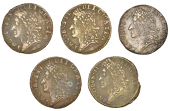 James II (1685-1691), Gunmoney coinage, Shillings (5), all 1689 Dec:, plain R, 5.44g/12h (Withers 20/19), 6.75g/12h...