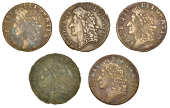 James II (1685-1691), Gunmoney coinage, Shillings (5), all 1689 Dec:, plain R, 6.01g/12h, 5.30g/12h (both Withers...