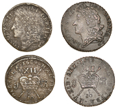 James II (1685-1691), Gunmoney coinage, Shillings (2), both 1689 10r, portrait 2, 7.38g/12h (Withers 43/45),...