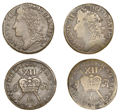 James II (1685-1691), Gunmoney coinage, Shillings (2), both 1689 10r, portrait 3, 6.07g/6h (Withers 48/47),...