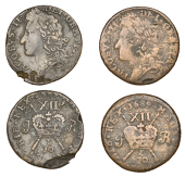 James II (1685-1691), Gunmoney coinage, Shillings (2), both 1689 10r, portrait 3, 5.42g/12h (Withers 50/49),...