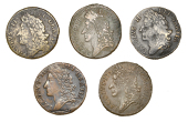 James II (1685-1691), Gunmoney coinage, Shillings (5), all 1689, Jan:, tall thin IR (2), 6.15g/12h, 5.42g/12h (both...