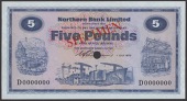 Northern Bank Limited, specimen £5, 1 July 1970, serial number D0000000, Wilson signature, red SPECIMEN overprint,...