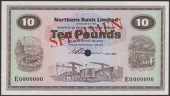 Northern Bank Limited, specimen £10, 1 July 1970, serial number E0000000, Wilson signature, red SPECIMEN overprint,...
