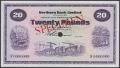 Northern Bank Limited, specimen £20, 1 July 1970, serial number F0000000, Wilson signature, red SPECIMEN overprint,...