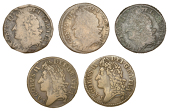 James II (1685-1691), Gunmoney coinage, Shillings (5), 1689 Mar:, pearls on arches, 6.09g/3h (Withers Mar 89 14/13;...