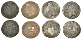 James II (1685-1691), Gunmoney coinage, Shillings (4), all 1690 Apr:, large size, 5.89g/12h (Withers 7/8),...