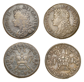 James II (1685-1691), Gunmoney coinage, Sixpences (2), both 1689 June, no stop after month, 3.30g/12h (Withers 1/1),...