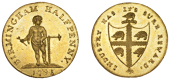 WARWICKSHIRE, Birmingham, Kempson's gilt Proof Halfpenny, 1793, boy with press, rev. shield with hedgehogs, edge...