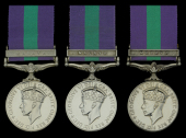General Service 1918-62, 1 clasp, Malaya, G.VI.R. (3) (2547020 Sgt. J. C. Rainer. REME; 22449354 Cfn. F. L. Groom....