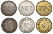 Isle of Man Tokens, Douglas, King William’s College, white metal Sixpence, brass Penny, copper Halfpenny, all...