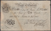 Bank of England, Matthew Marshall, £10, London, 8 January 1862, serial number P/B 77740, repair at left, toned...
