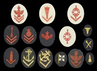 German Second World War Kriegsmarine Insignia.
Comprising Gun Chief 2nd Class, red on blue; Flak Gun Chief, red on...