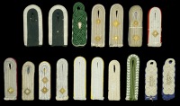 German Second World War Shoulder Boards.
7 single and 6 pairs of Third Reich era should boards, a good mix of ranks...