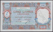 Banque de Syrie et du Liban, Lebanon, specimen 5 Livres, 1 December 1945, serial number O.00 000, Busson and Letayf...