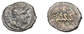 Anonymous, silver Sestertius, c. 211-208, helmeted head of Roma right, ii s behind, rev. Dioscuri riding right, roma...