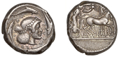 Greek Coinages, Sicily, Syracuse, Hieron I, Tetradrachm, 478-466, charioteer driving slow quadriga right, Nike...