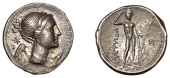 Greek Coinages, Bruttium, The Brettii, Drachm, c. 218-201, winged bust of Nike right, rev. river god standing front,...