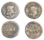 Anonymous, Quinarii (2), c. 211-210, head of Roma right, wearing winged helmet, v behind, rev. Dioscuri riding...