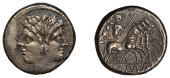 Anonymous, Quadrigatus, c. 225-215, laureate Janiform head within beaded circle, rev. Jupiter and Victory in...