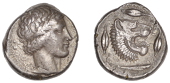 Greek Coinages, Sicily, Leontini, Tetradrachm, c. 430, laureate head of Apollo right, ivy branch behind, rev....