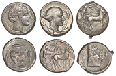 Greek Coinages, Sicily, Gela, Tetradrachm, 430-425, charioteer driving biga right, rev. forepart of man-headed bull...