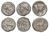 Greek Coinages, Sicily, Gela, Tetradrachm, 430-425, charioteer driving biga right, rev. forepart of man-headed bull...