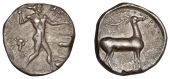 Greek Coinages, Bruttium, Kaulonia, Nomos, 475-425, Apollo walking right, bucranium within wreath to left, stag on...