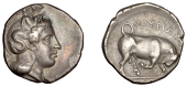 Greek Coinages, Southern Lucania, Thurium, Nomos, 400-350, head of Athena right, wearing helmeted ornamented with...
