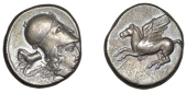 Greek Coinages, Corinthia, Corinth, Stater, 400-375, Pegasos flying left, rev. helmeted head of Athena right,...